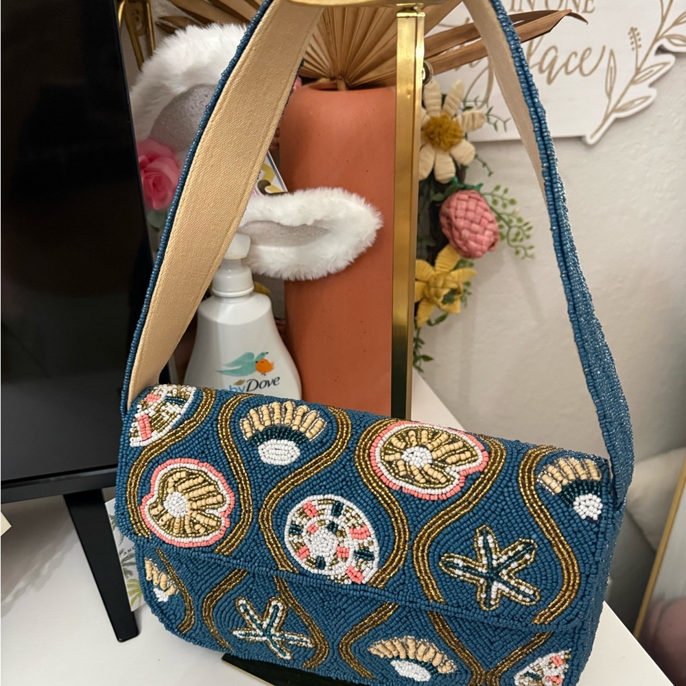 Viral TJMAXX Beaded Teal Shell-Pattern Shoulder Bag